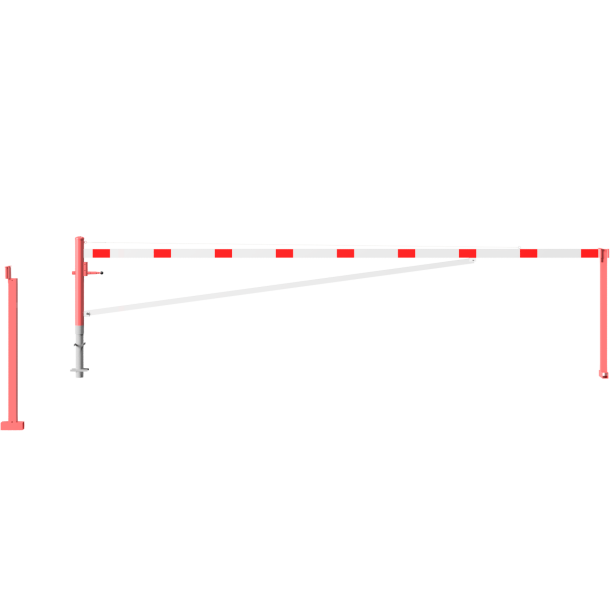 Swing barrier | with bracing tube and | pull rope reinforcement | for casting in concrete, hot-dip galvanized and white coated with red reflecting stripes | Barrier arm length: 6000 mm | for padlock